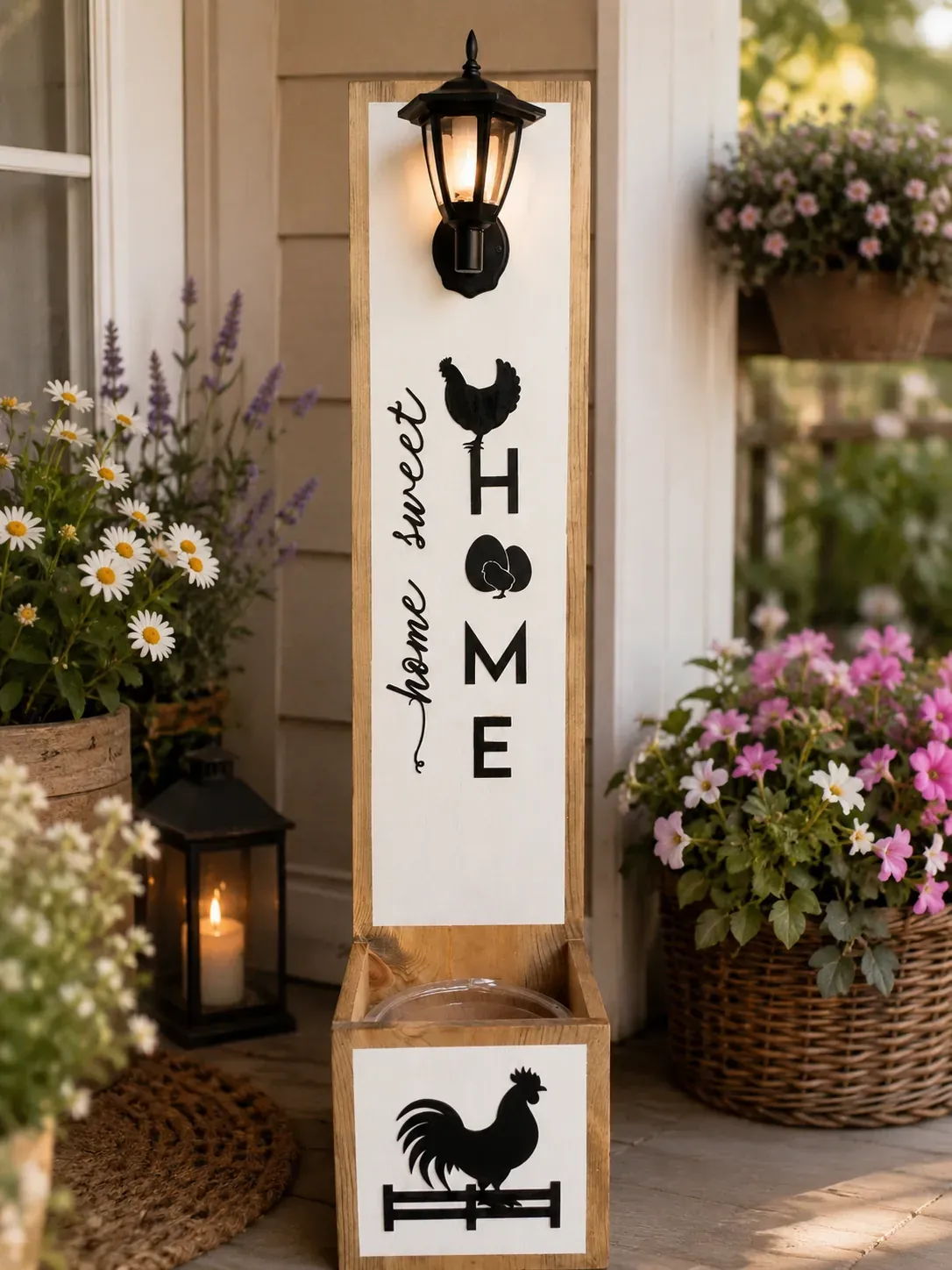 A farm-style wooden planter post displayed on a flower-filled porch, with a glowing black lantern above a white sign that reads 'home sweet HOME' and a rooster silhouette on the planter box.